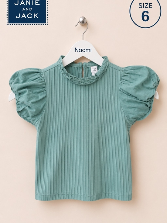 Janie and Jack Other - Janie and Jack Sage Green Ribbed Puff-Sleeve Top